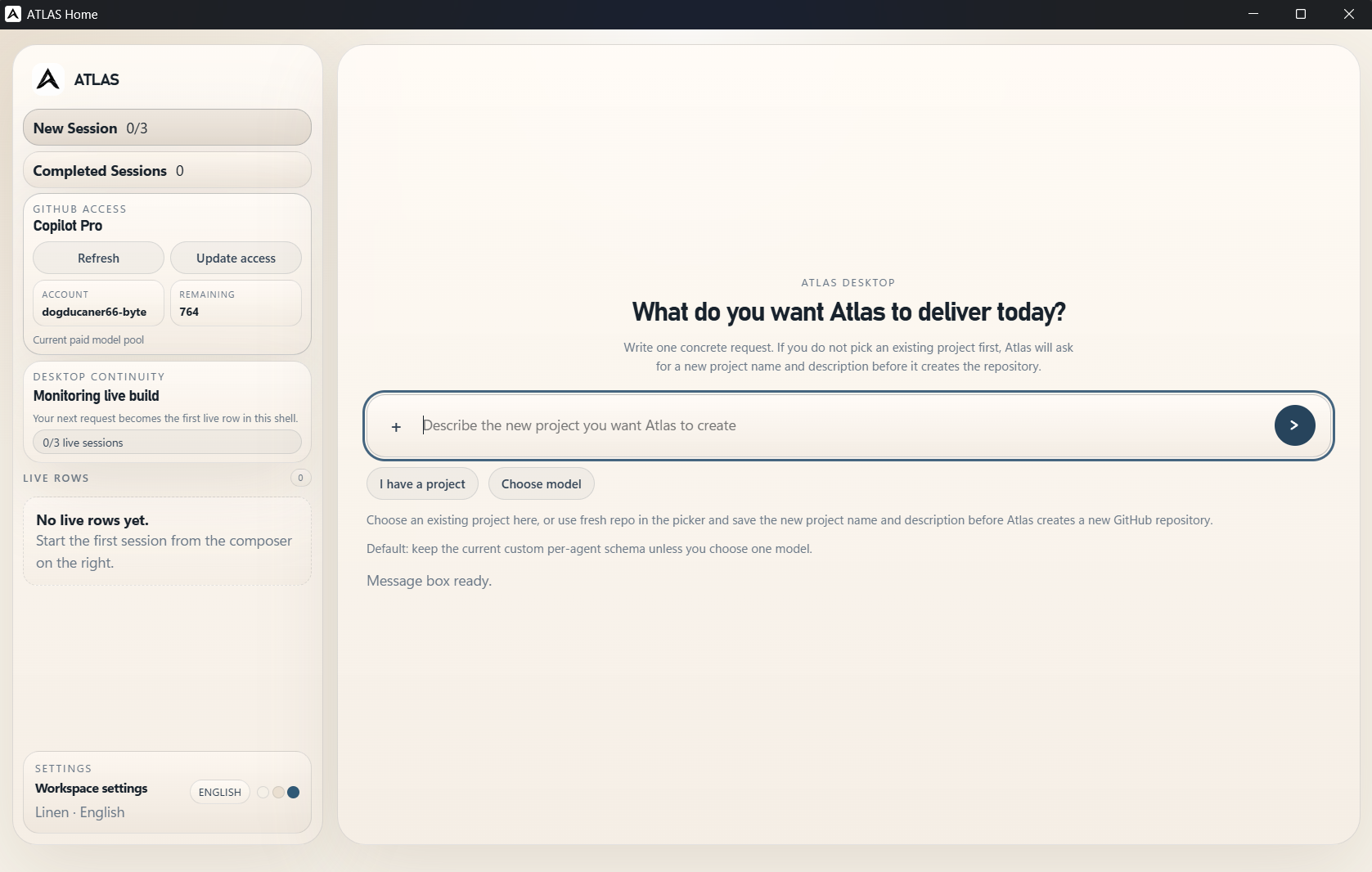 ATLAS desktop home screen in light mode