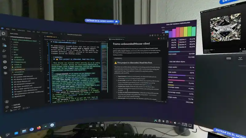 Demo: the mouse aims the Steam Frame's laser pointer across the KDE desktop, the Steam UI and other VR overlays