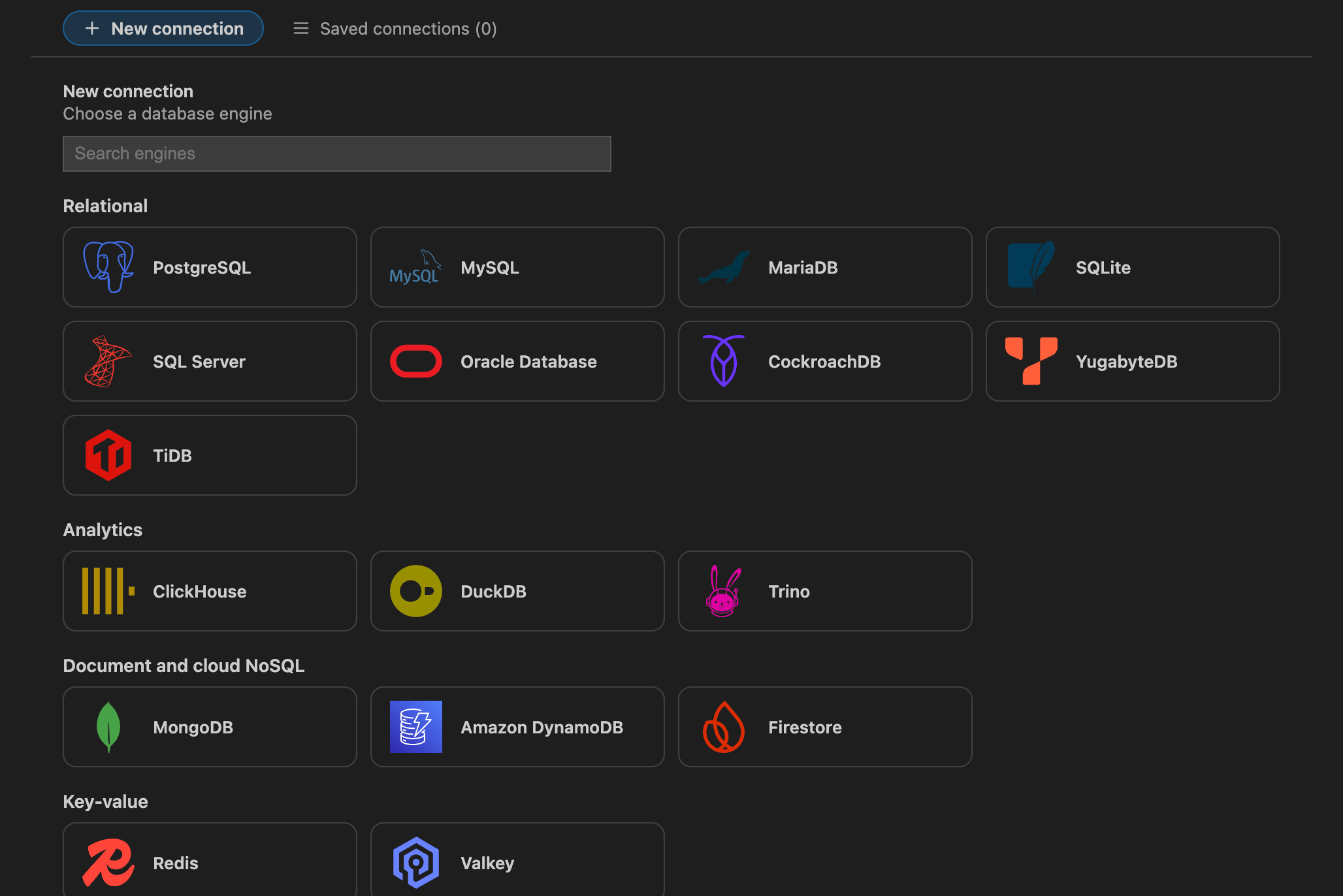 New connection screen with every supported engine