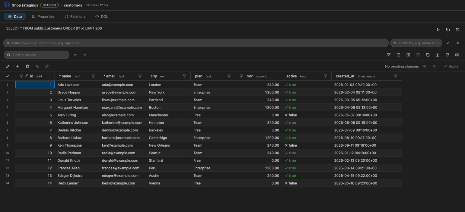 The results grid: sort, filter, record panel, column statistics and paging