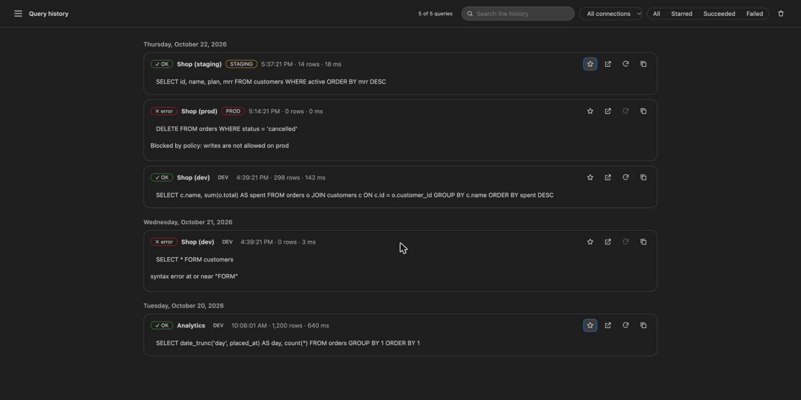 Query history with starred queries, statuses and environments