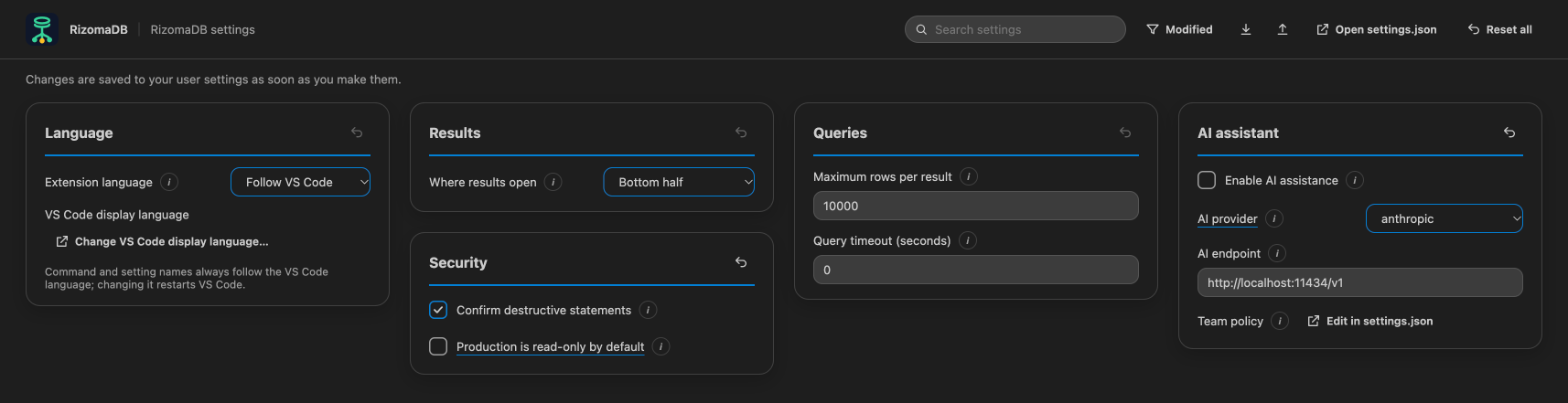 The settings screen
