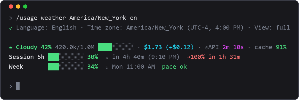 usage-weather running in Claude Code (from the author's README)