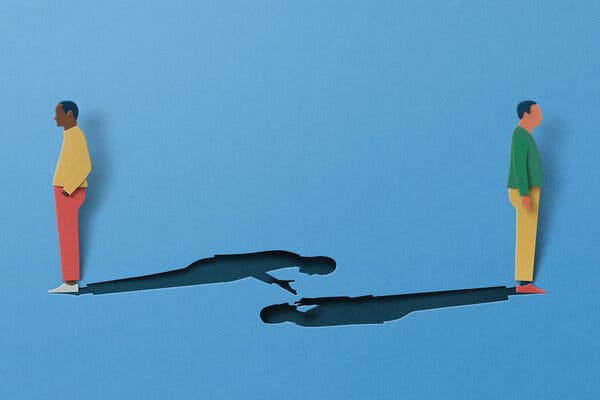An illustration of two men with their backs turned, standing far apart. Their shadows seem to be talking to each other.