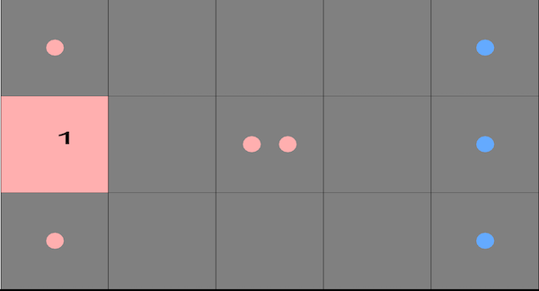 After placing and influence:Result of the influence of that card. Notice the cell in the middle now has two red pawns instead of one.