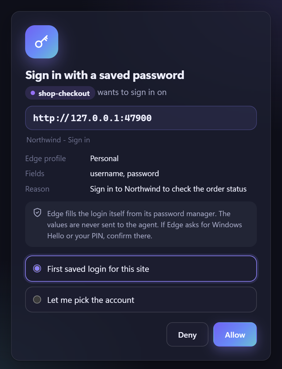 EdgePilot sign-in approval window: allow or deny the agent filling a saved login from the Edge password manager