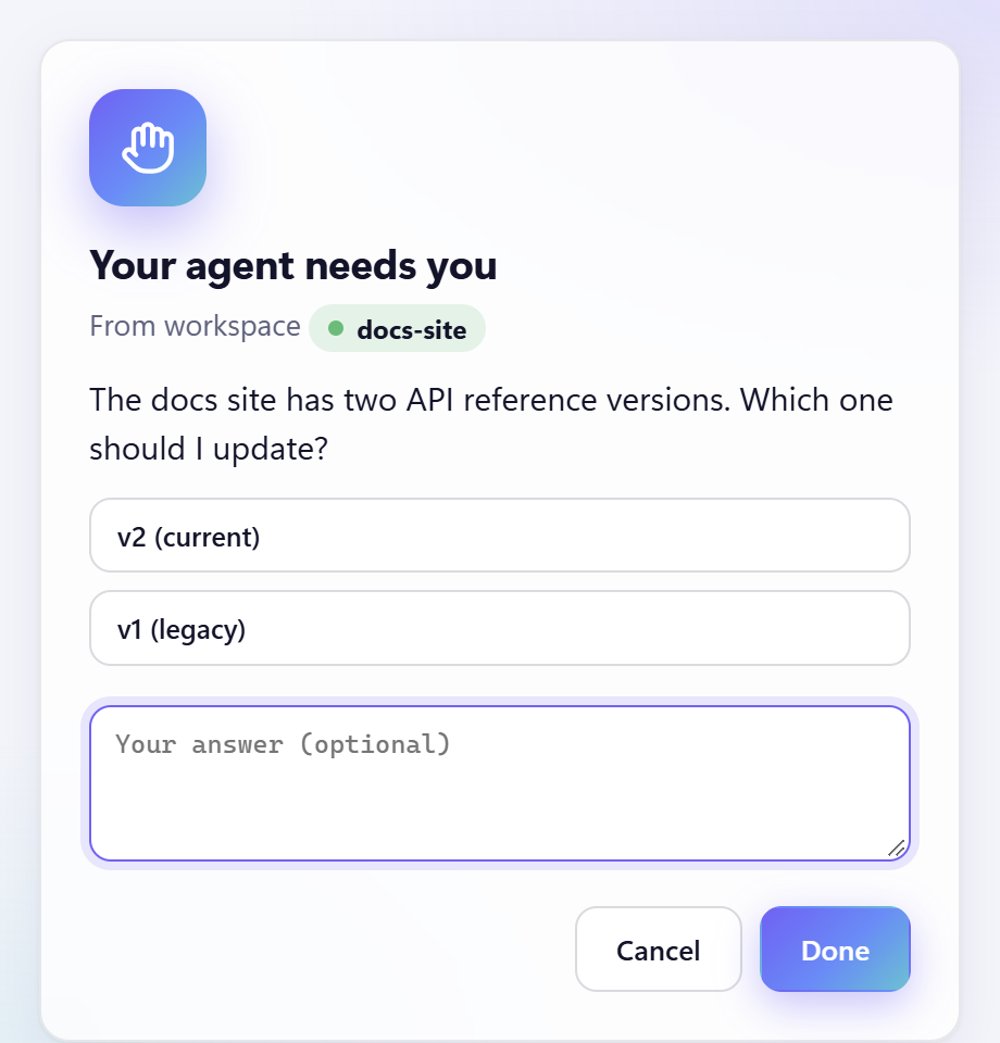 EdgePilot ask_user window: the agent asks you a question with buttons and a text box