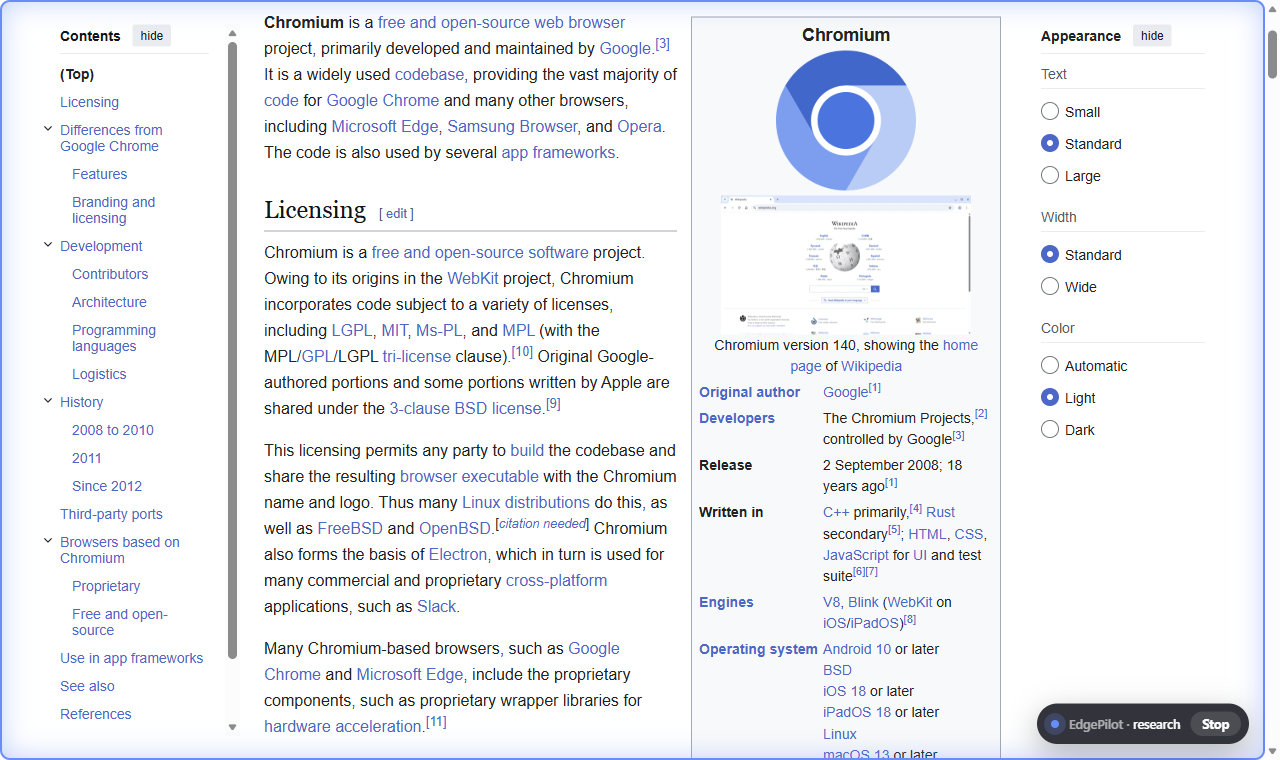 EdgePilot on-page indicator: a glowing frame and a Stop button on the web page the AI agent is controlling