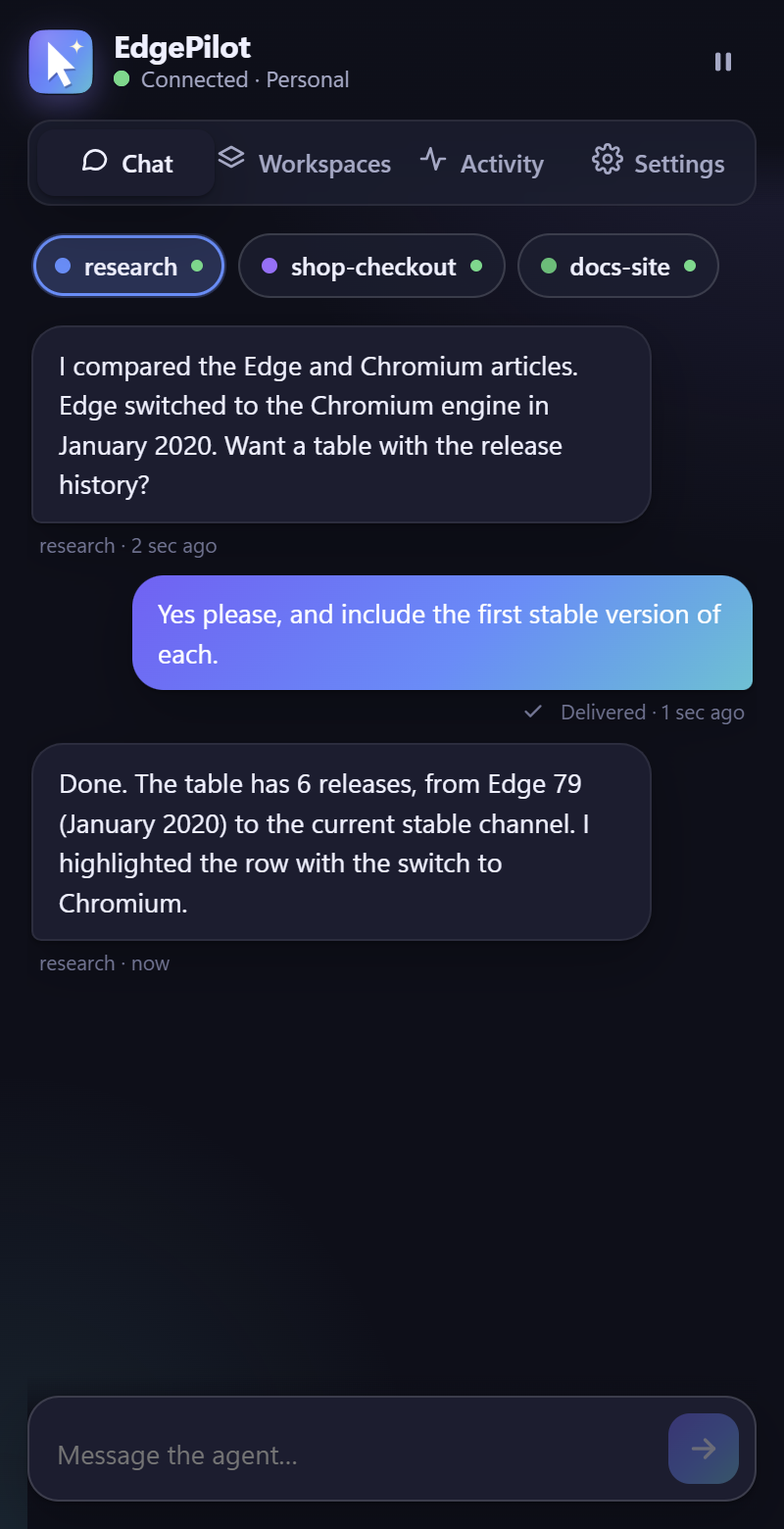 EdgePilot side panel: chat with the AI agent working in the research workspace (dark theme)