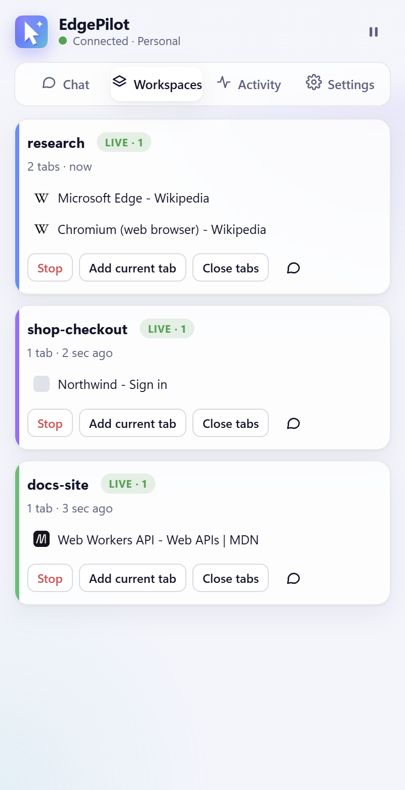 EdgePilot side panel: list of agent workspaces with live and idle state (light theme)