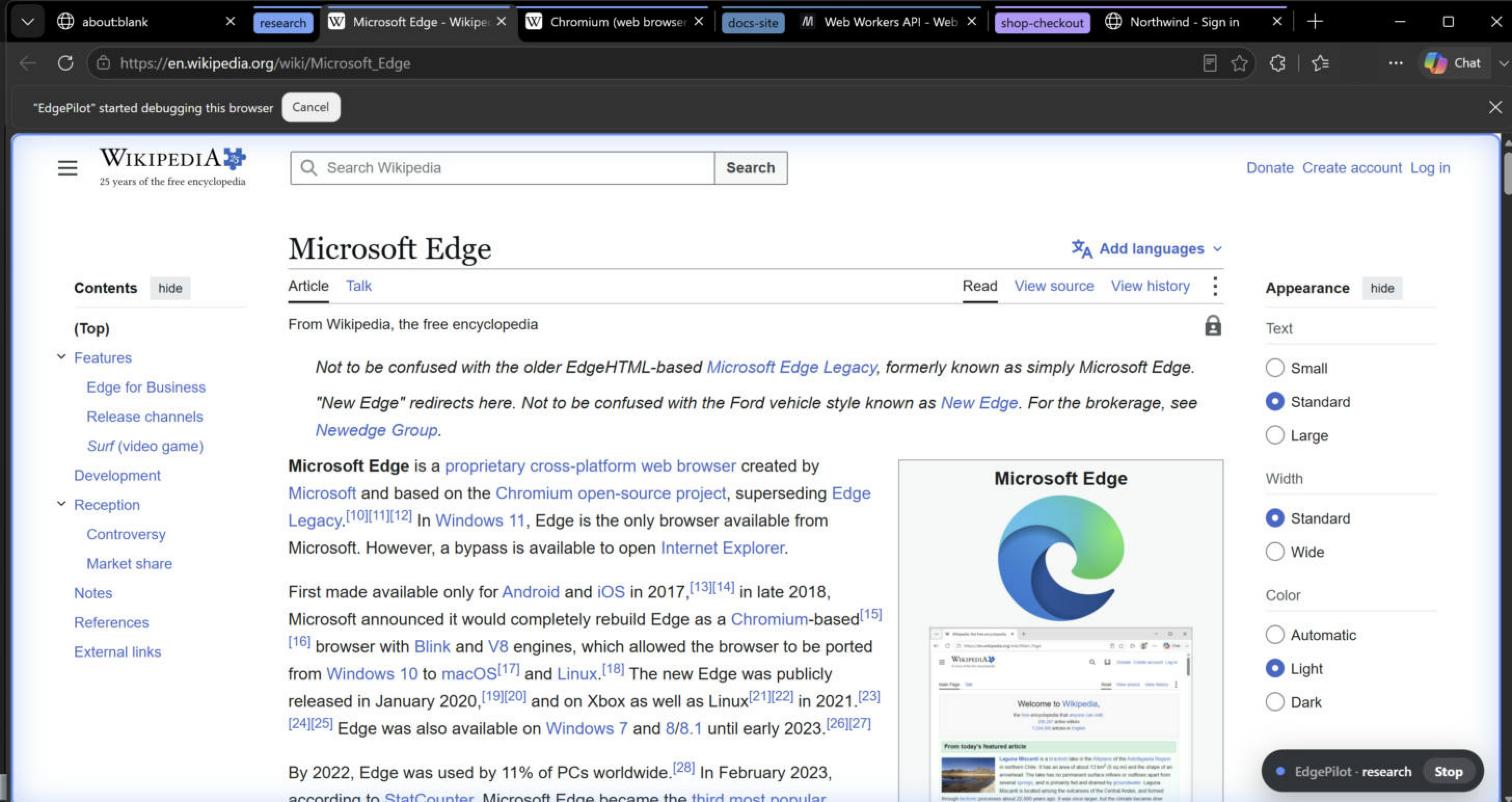 Three AI agent chats working in one Microsoft Edge window, each in its own labelled tab group: research, docs-site and shop-checkout
