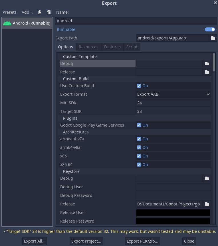 Screenshot of the export configurations window, showing the Android configuration