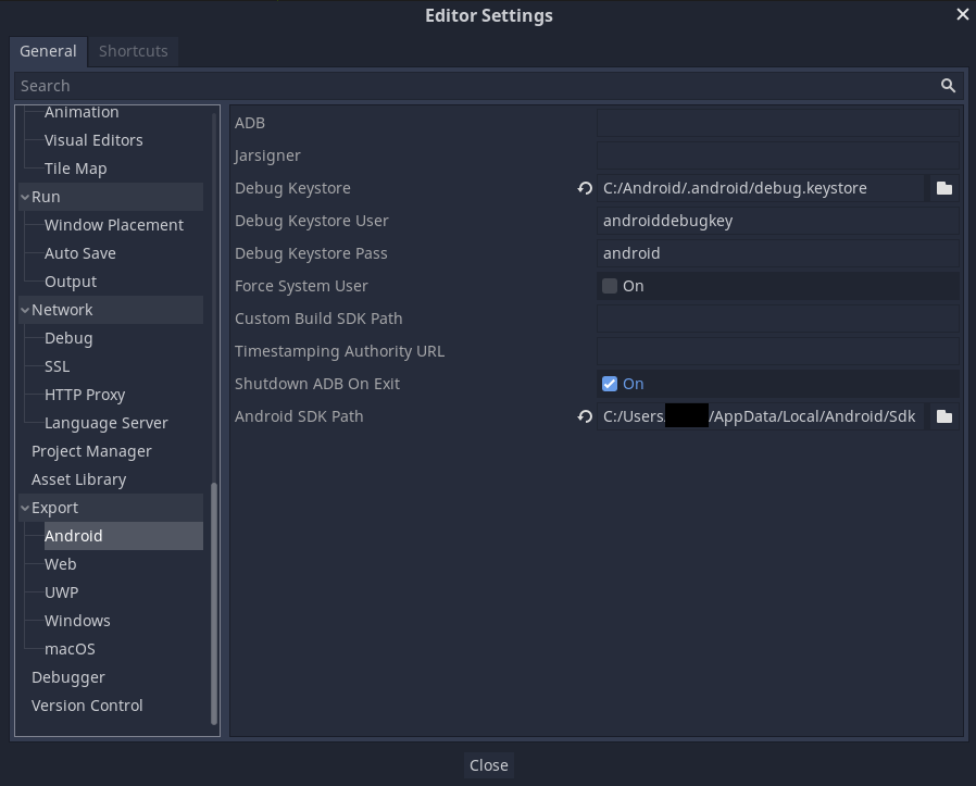 Screenshot of the Godot editor showing the android settings