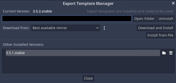 Screenshot of the export template manager window in the Godot editor