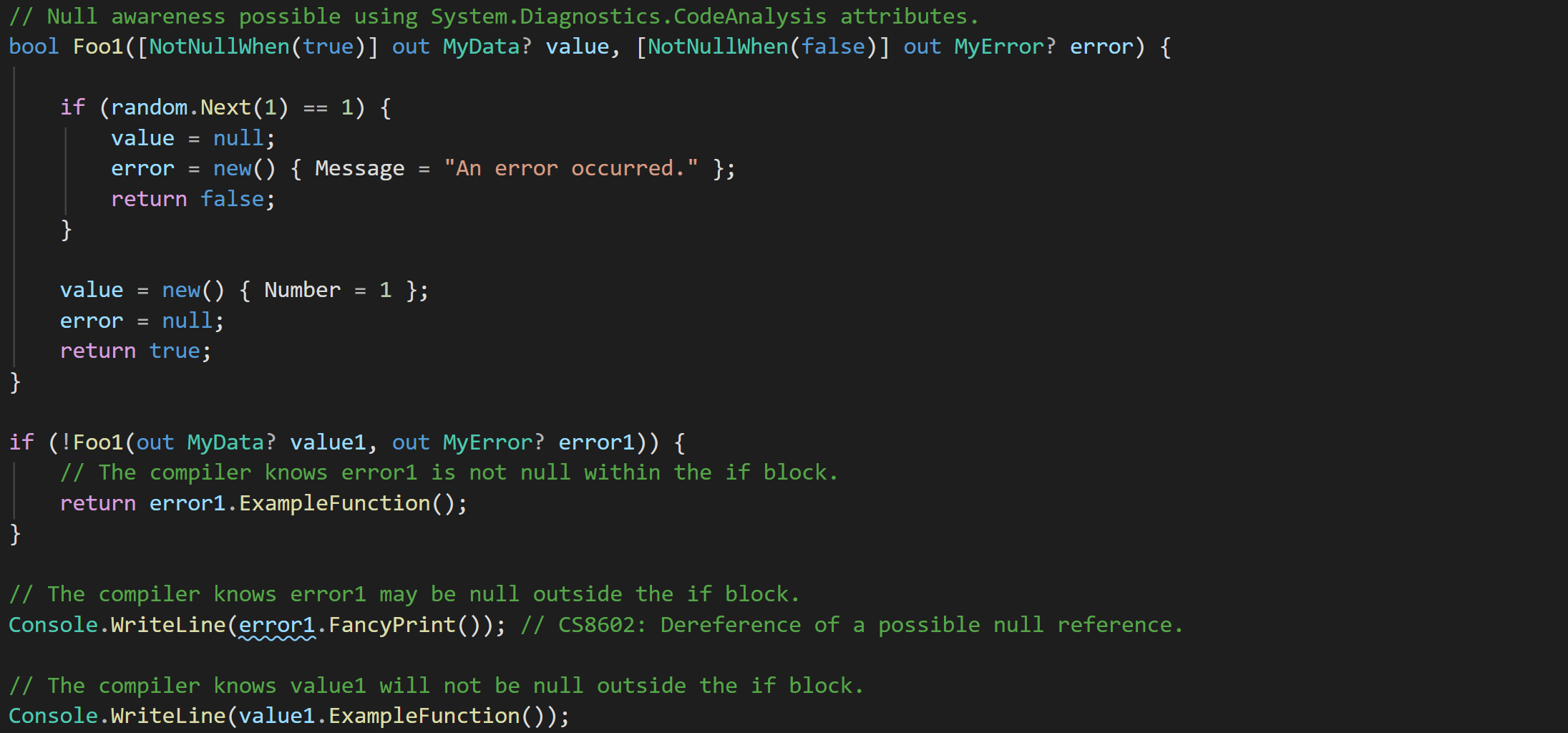 An example of what is already possible in C# using the NotNullWhen attribute from System.Diagnostics.CodeAnalysis