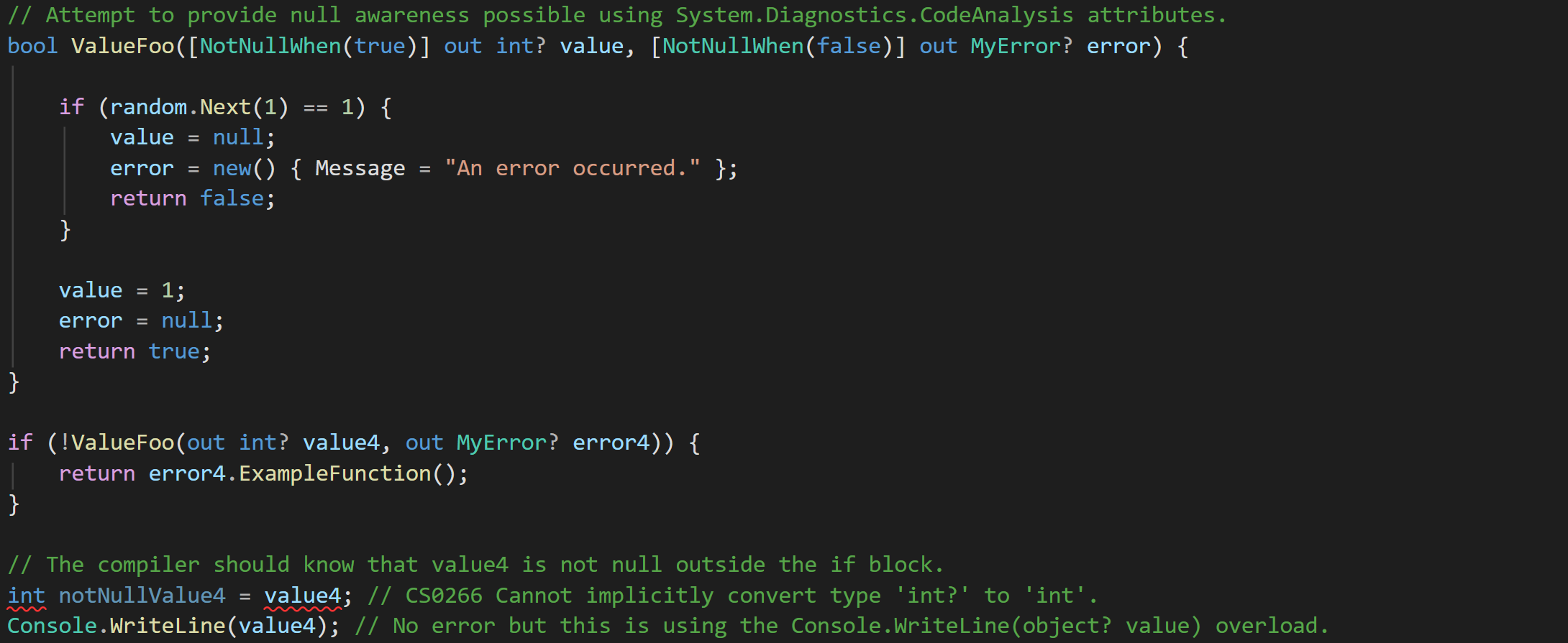 An example of the shortcomings of the C# compiler's null-checking of nullable value types.