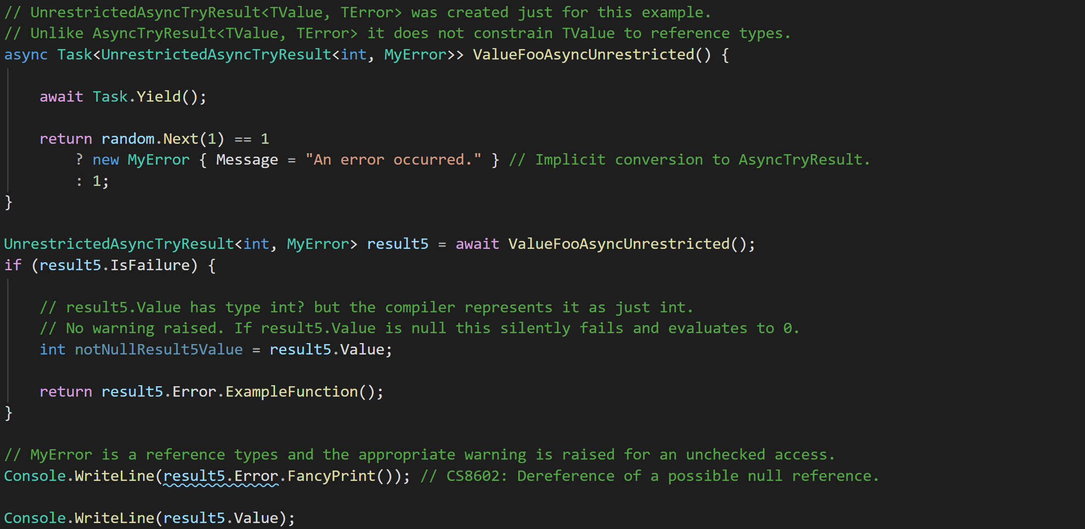 A second example of the shortcomings of the C# compiler's null-checking of nullable value types.