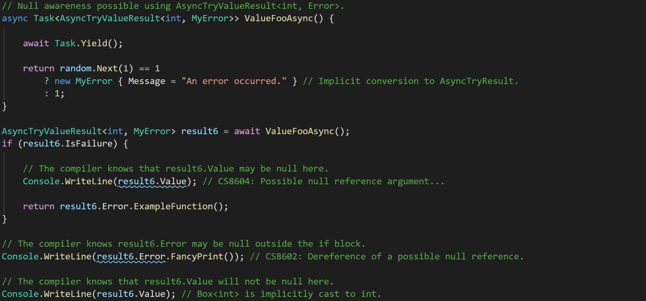 An example of the usage of the AsyncTryValueResult type and how it solves the aforementioned value type null-checking issues.