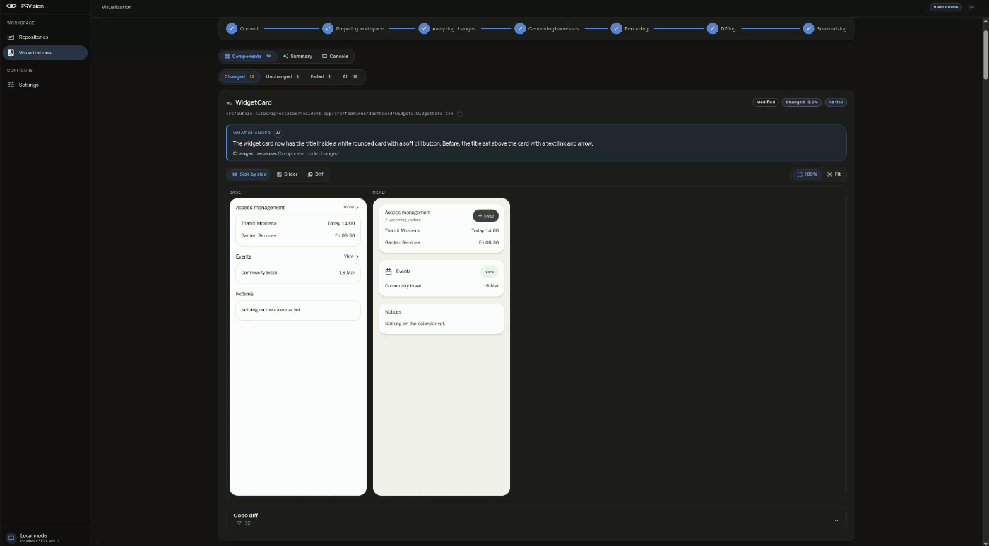 PRVision walking through a run: each changed component before and after, then the slider and the pixel diff