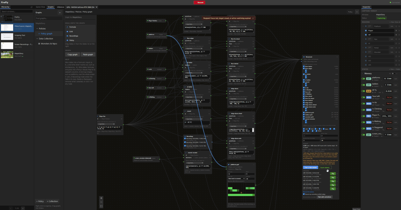 A trained policy playing: the game window comes to the front and the character moves by itself, while behind it the Policy Graph shows the policy's live status (actions, keys held, how old the frames it acts on are), its grid of nearby platforms, and the States updating