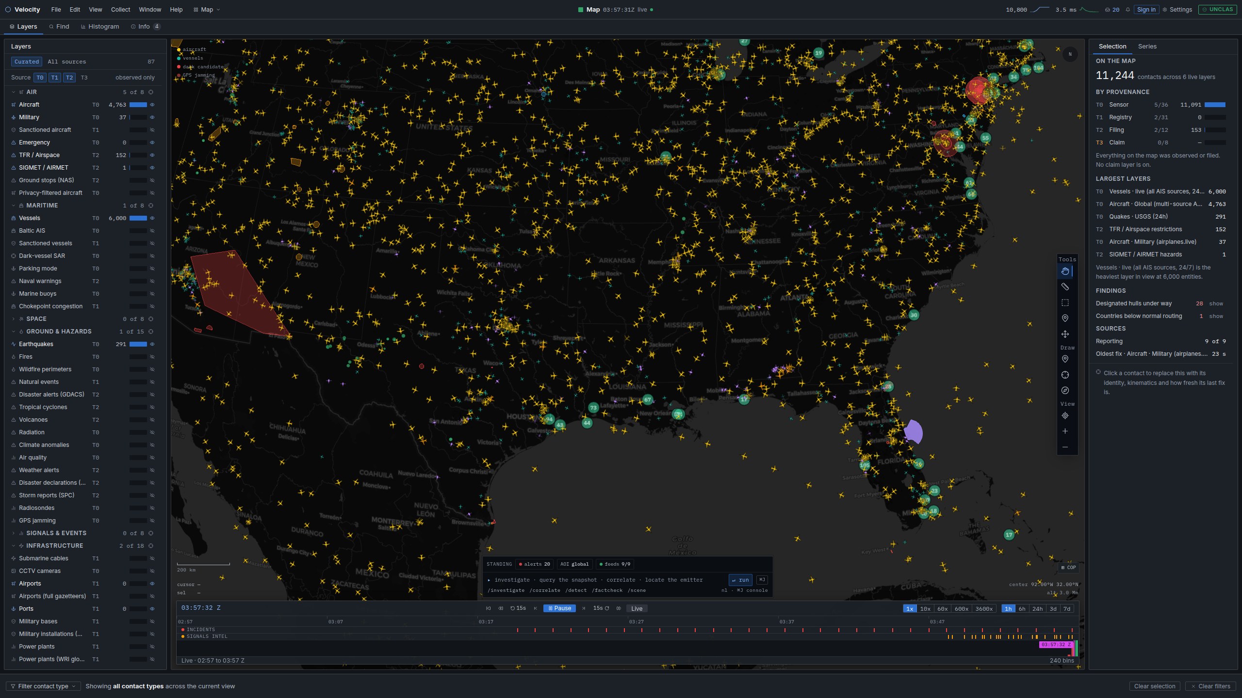Live FAA temporary flight restrictions drawn as polygons over the US, with SIGMET hazards and the airport and port layers on