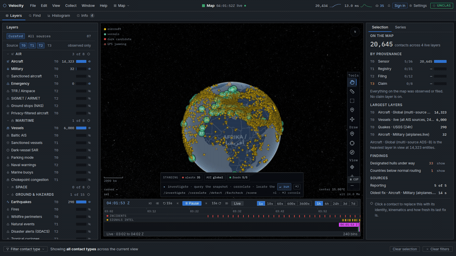 Live world view, fly-in to Europe, an aircraft selected with its owned track, then the last hour rewound on the replay scrubber