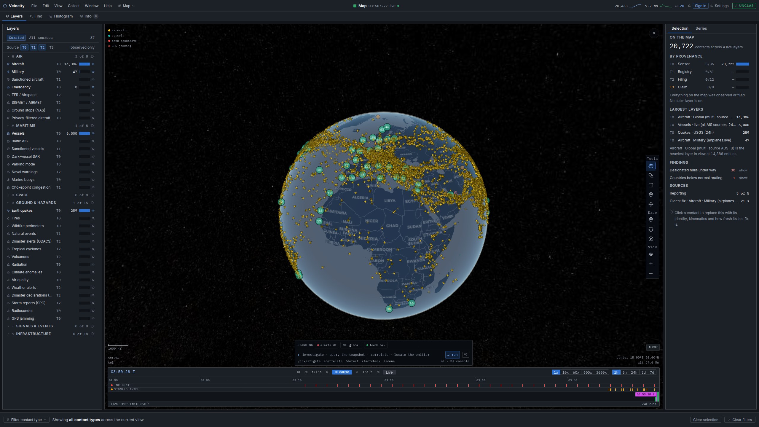 Global view of the Velocity globe with live air, sea and incident traffic