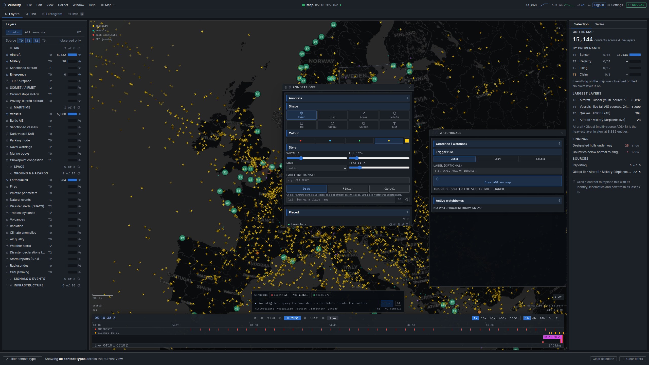 Two floating windows over the live globe: the annotation editor with its shape, colour and style controls, and the watchbox panel with its enter/exit/loiter trigger rules
