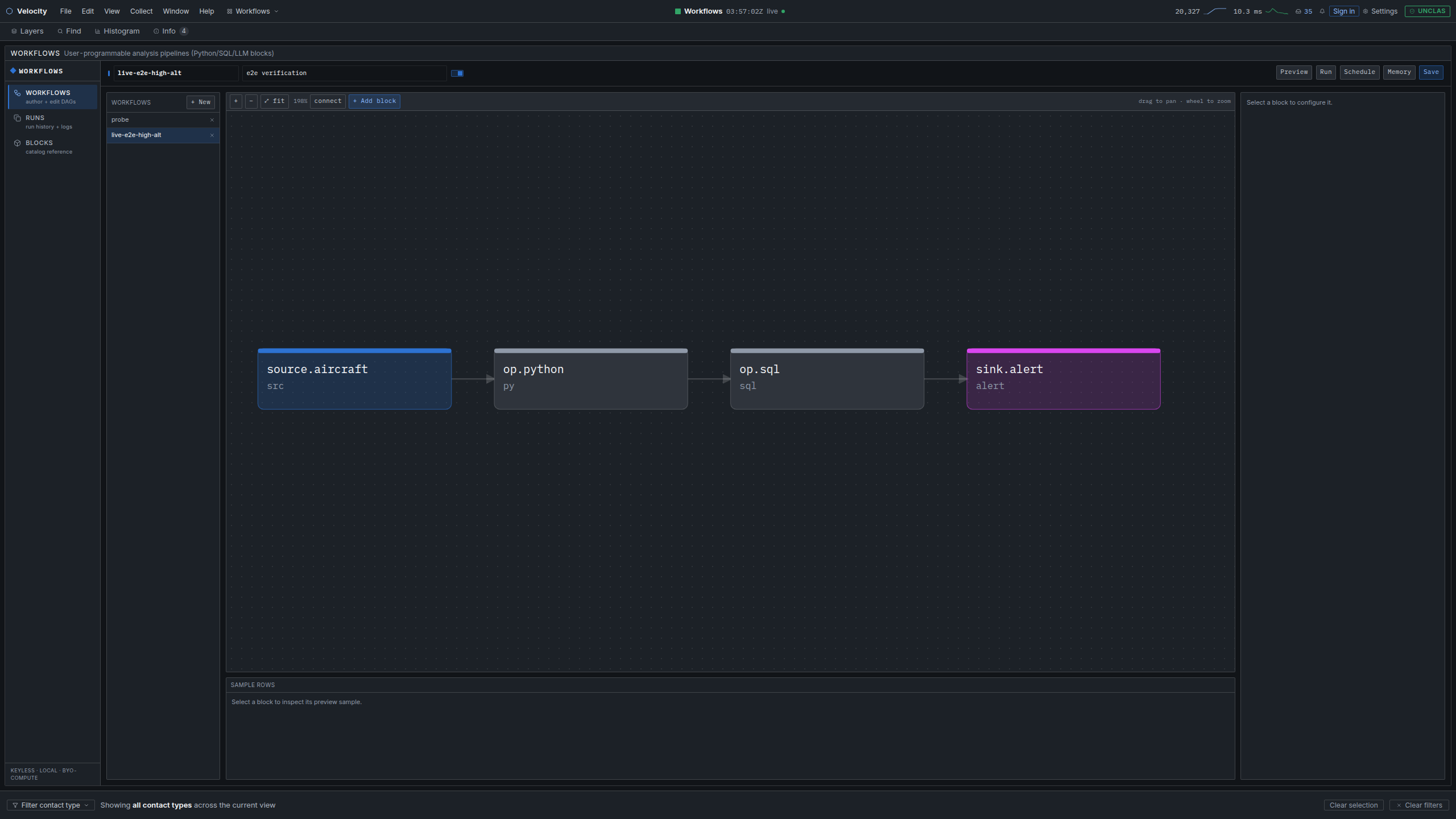 A Workflows DAG: live aircraft through Python and SQL into an alert