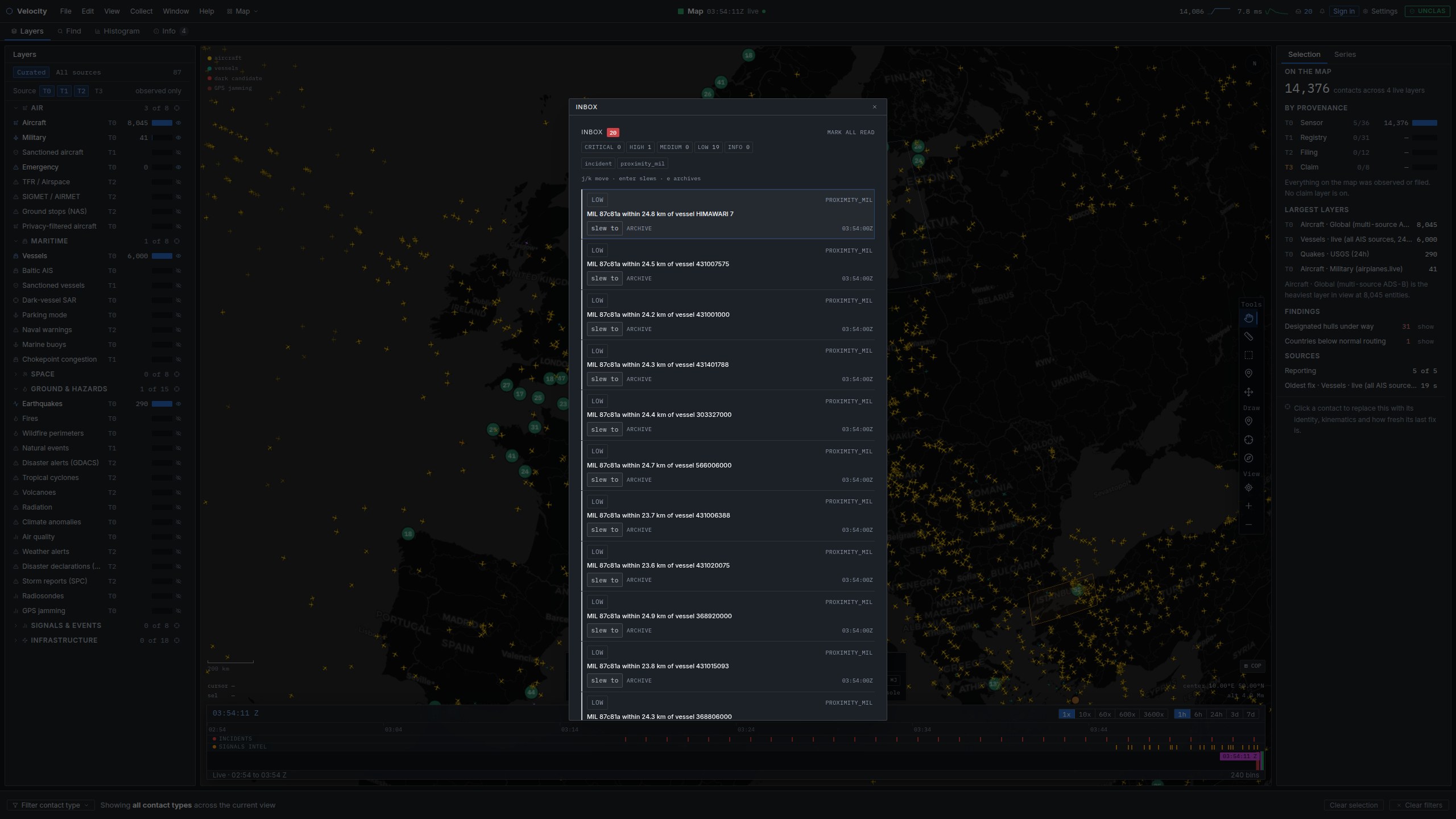 Watch-officer inbox: queued alerts carrying spoofing, jamming and dark-vessel badges alongside the reasoning behind each one