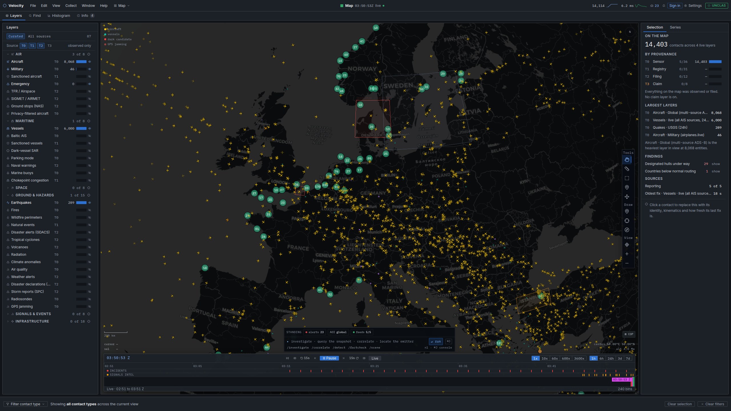 The layer tree over a live European air picture, air/maritime/space/hazards toggles with counts