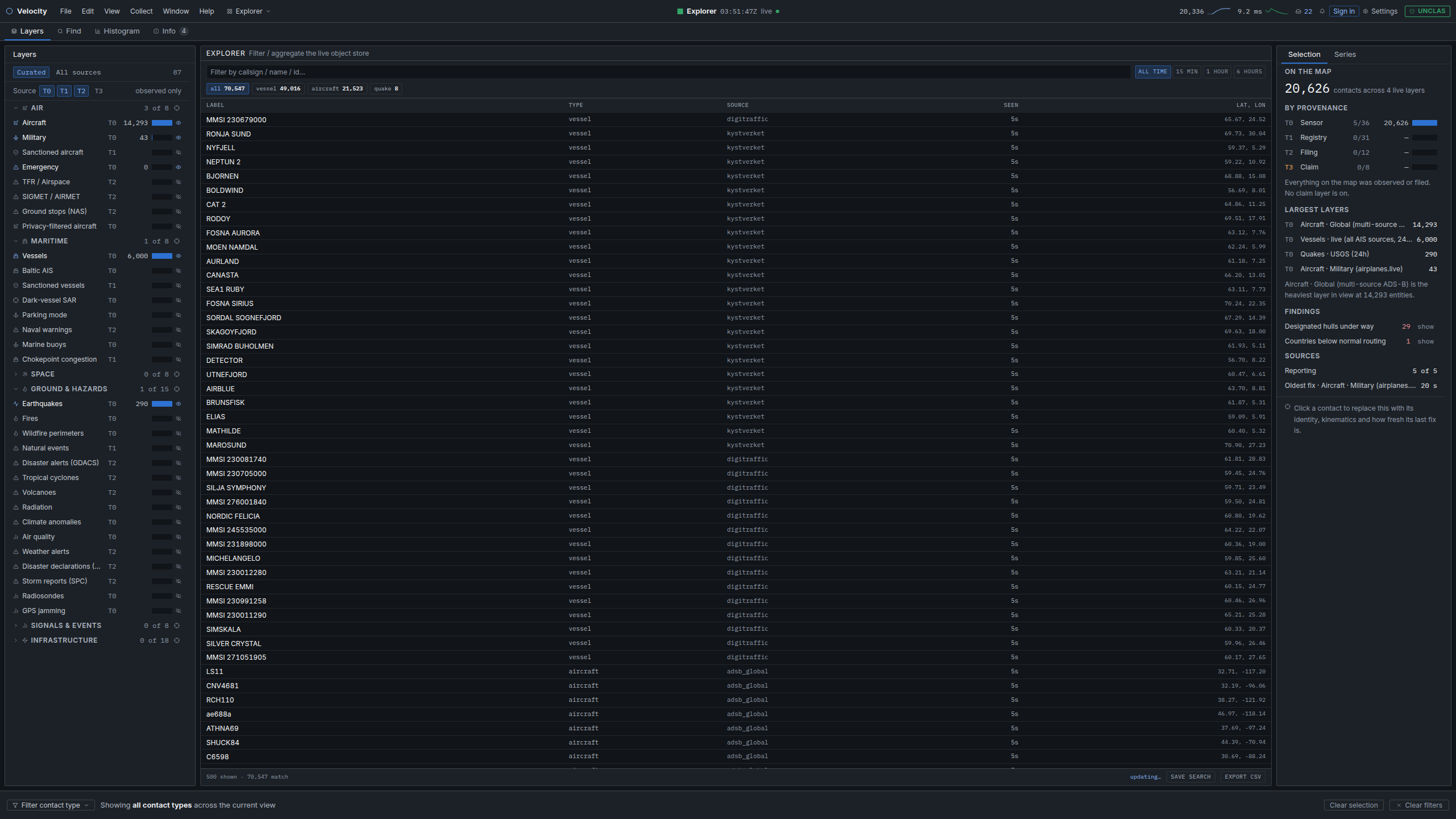 Explorer: every live object in one filterable table, faceted by kind and tagged by source