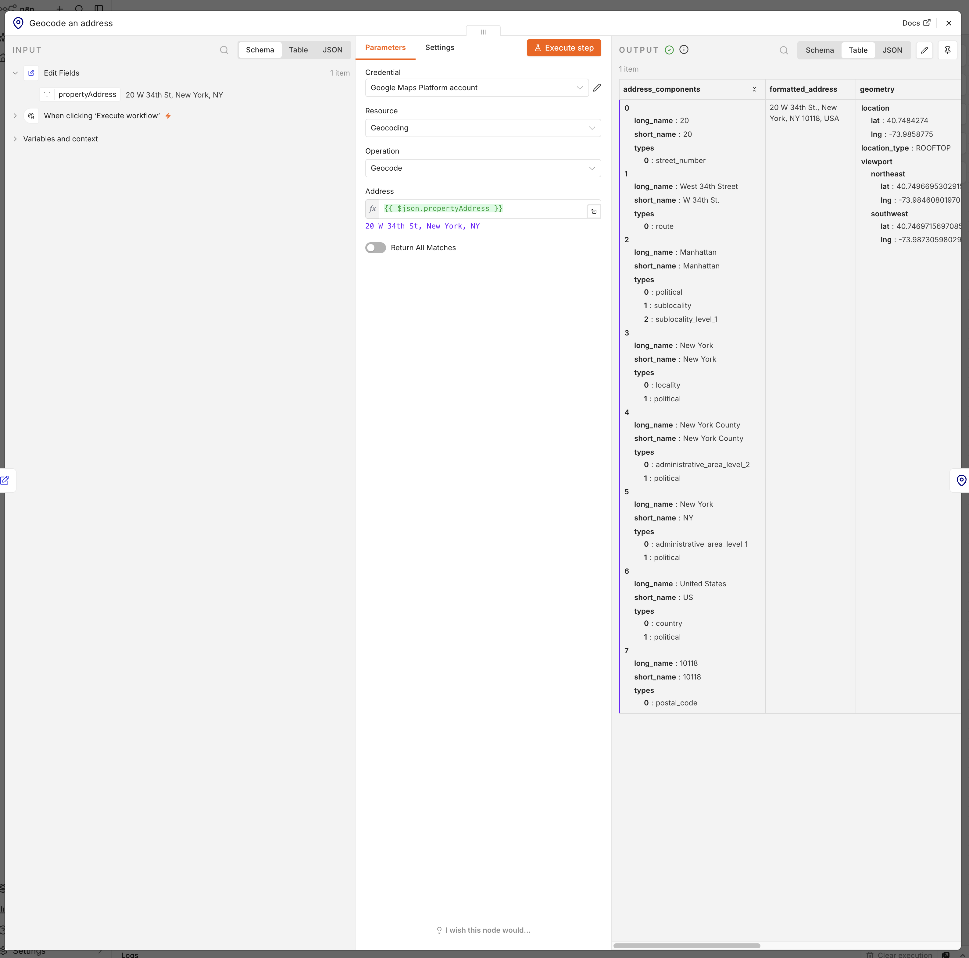 Geocode node showing a real API response with formatted address and coordinates