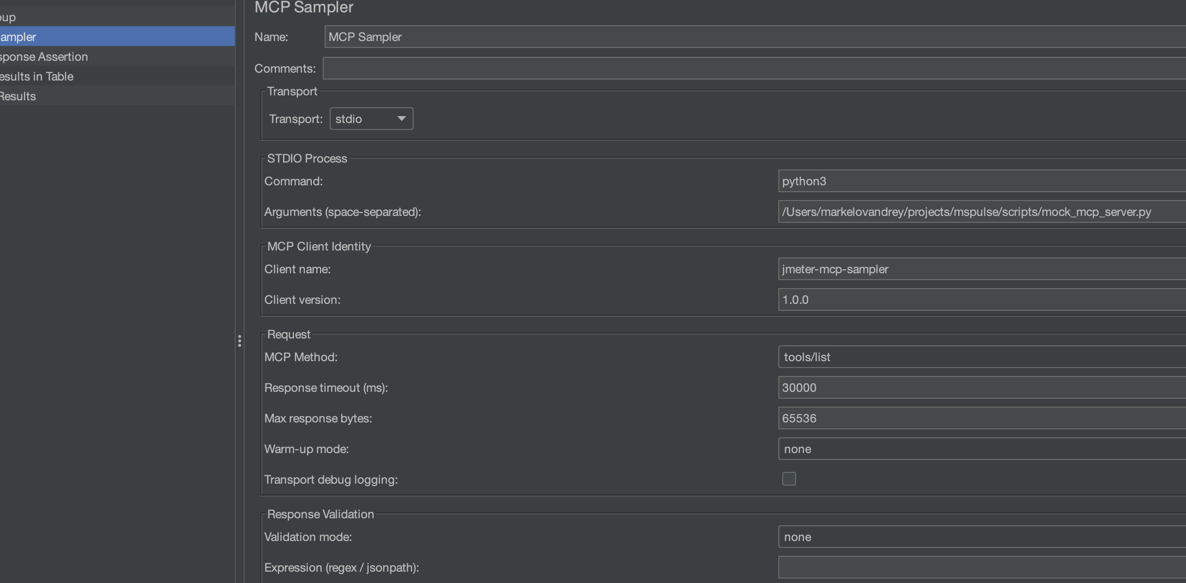 STDIO sampler settings example