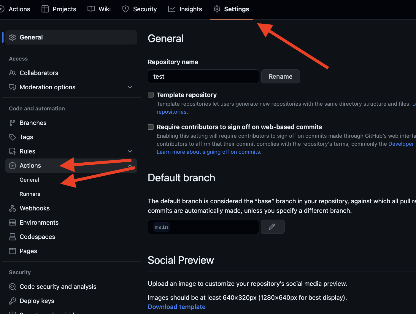 Settings GitHub Actions permissions step 1