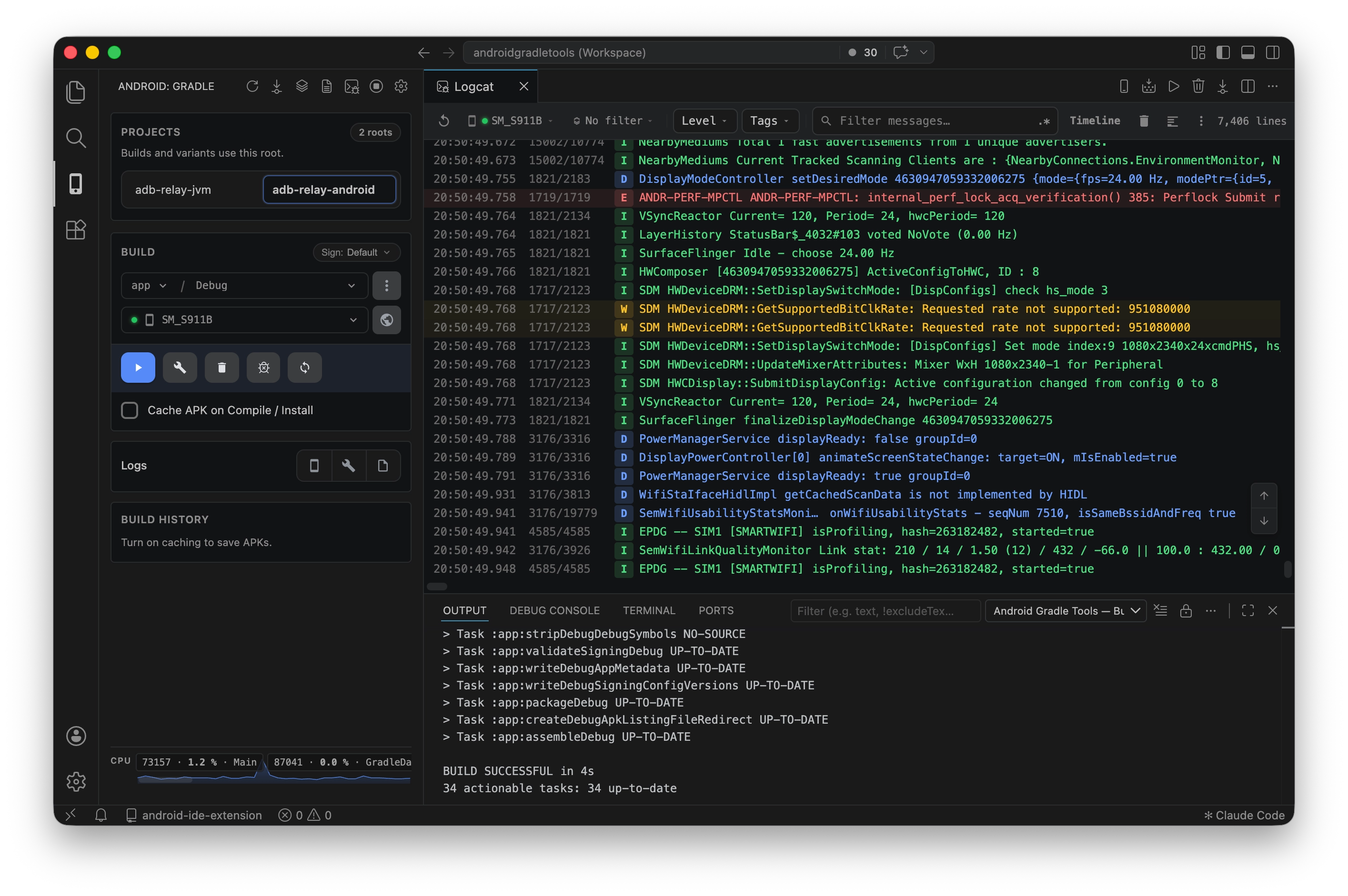 Android Gradle Tools: Gradle side panel with multi-root projects, device target, build actions, variant selection, Logcat with filters, and Android Build output