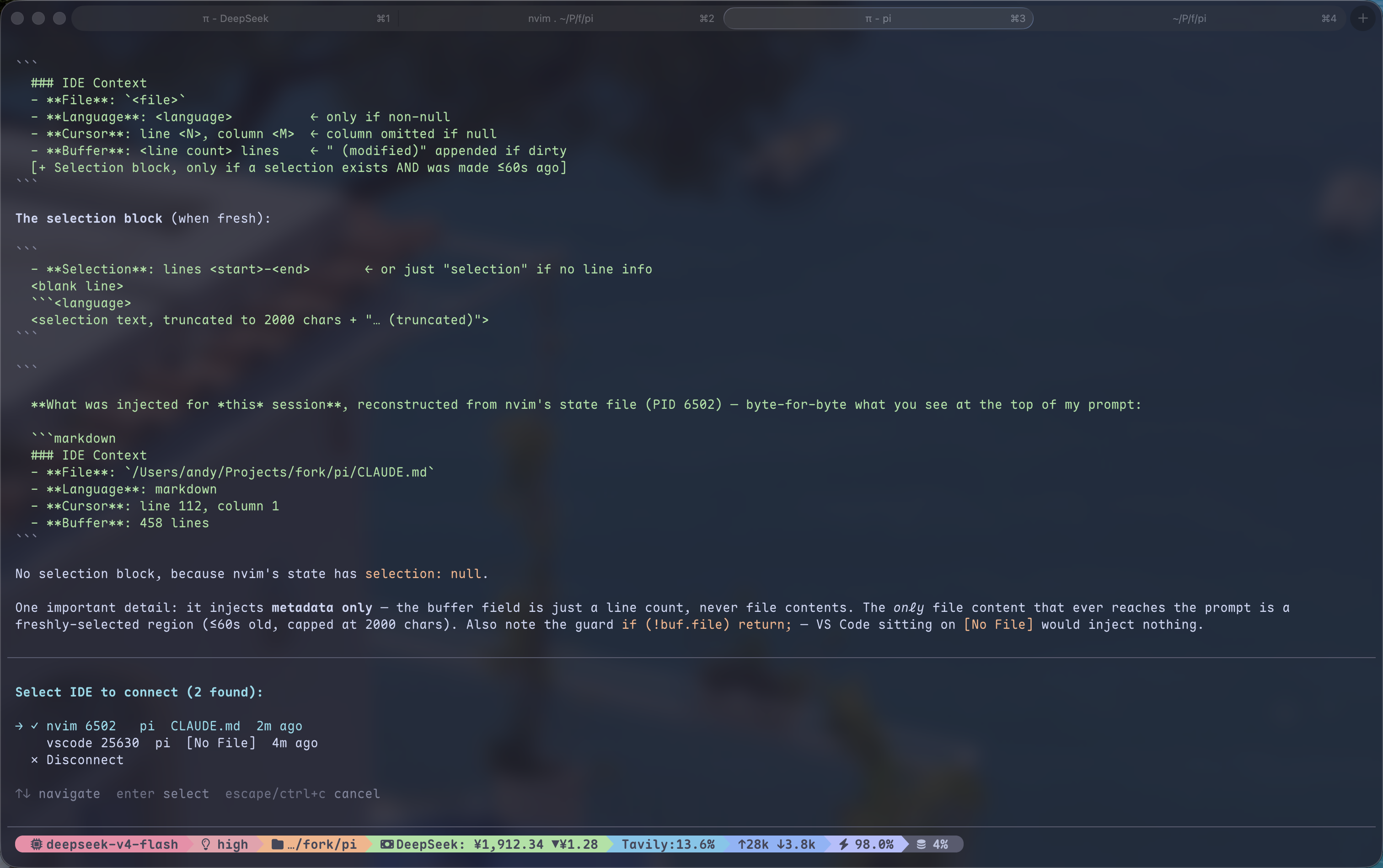The /ide picker listing a Neovim and a VS Code instance, and the IDE Context block pi injected for the connected one