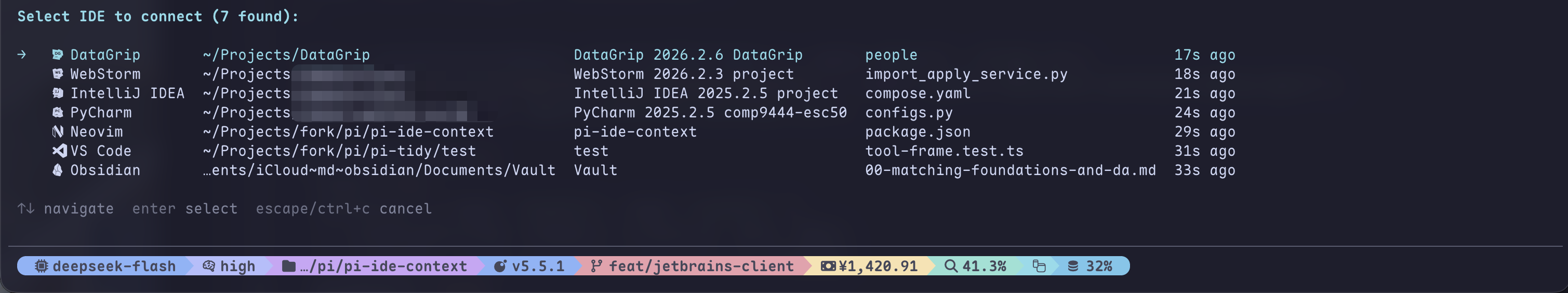 The /ide picker listing seven live editors — DataGrip, WebStorm, IntelliJ IDEA, PyCharm, Neovim, VS Code and Obsidian — each with its own mark and product name