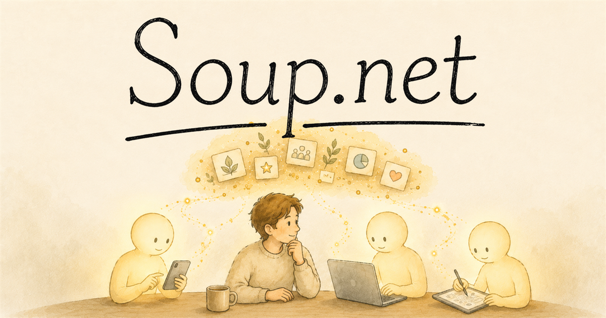 Soup.net — a person works at a table among glowing AI agent figures, connected by threads of shared taste and judgment