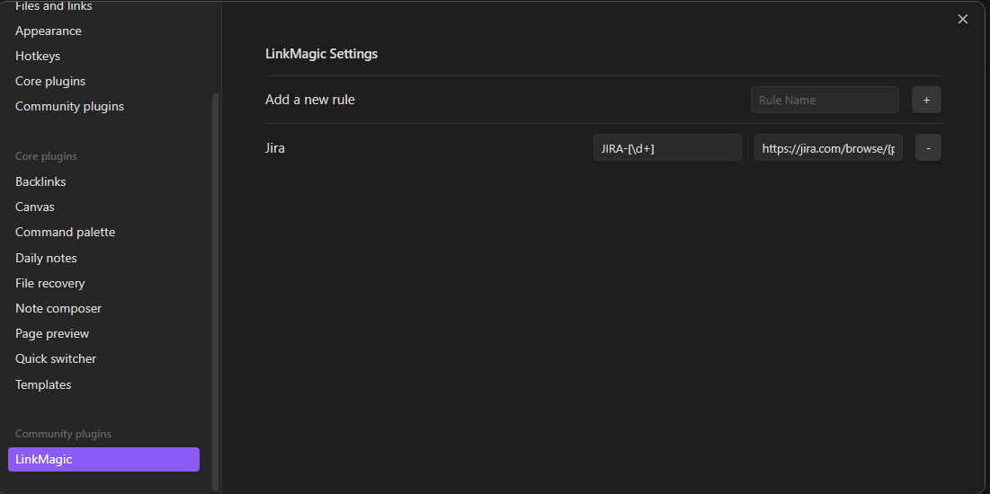 An image showing the settings page for LinkMagic with an example pattern