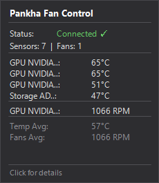 Tray icon hover tooltip showing connection status, sensors, and fans