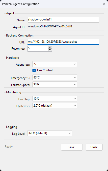 Agent configuration window with the Backend Connection section