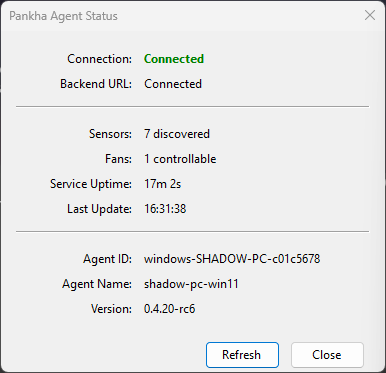 Pankha Agent Status window showing connection, sensors, fans, uptime, and version