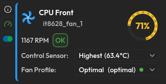 Fan card with speed gauge and rack icons