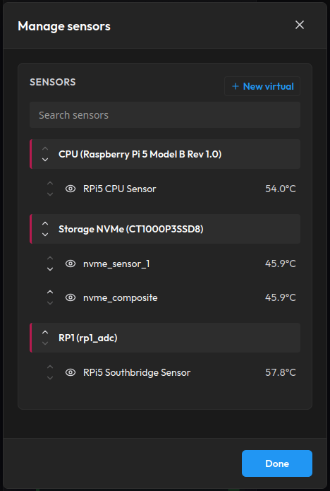 The Manage sensors modal with reorder arrows, visibility toggles, and per-sensor temperatures