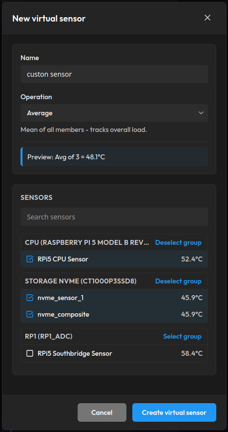 The Sensor Builder modal with the name field, operation dropdown, live preview, and grouped member checklist