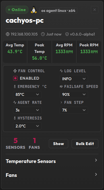 A system card showing the status badge, platform icon, name, meta row, summary stats, and configuration controls