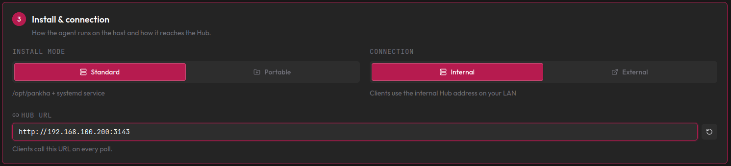 Install mode set to Standard with an Internal LAN connection and the Hub URL field
