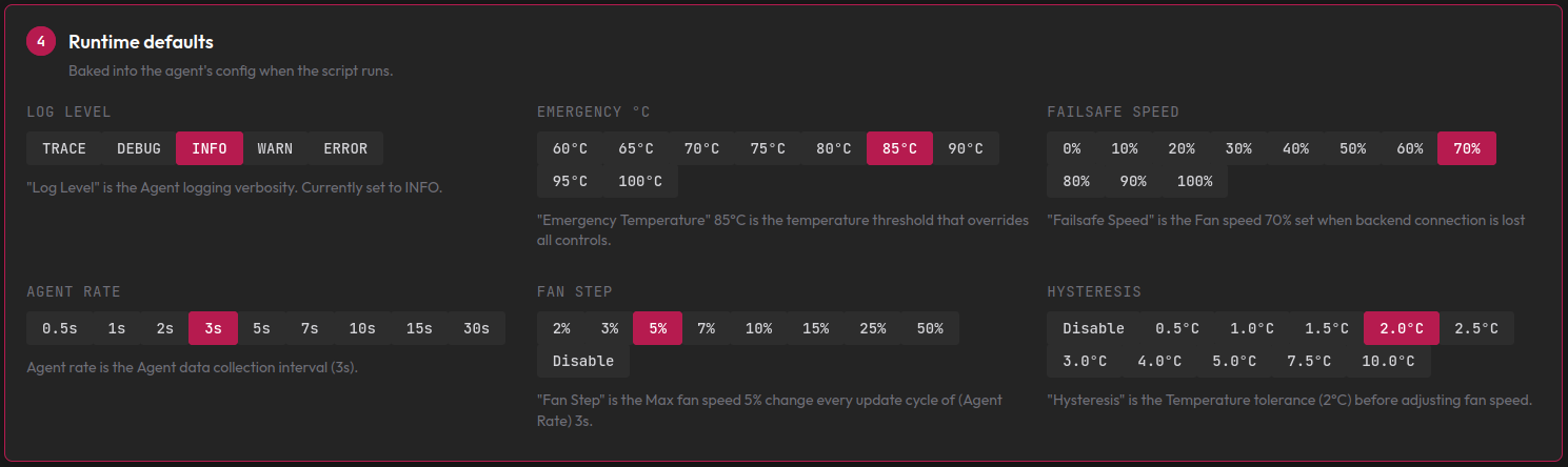 Runtime defaults with chip selectors for log level, emergency temperature, failsafe speed, agent rate, fan step, and hysteresis