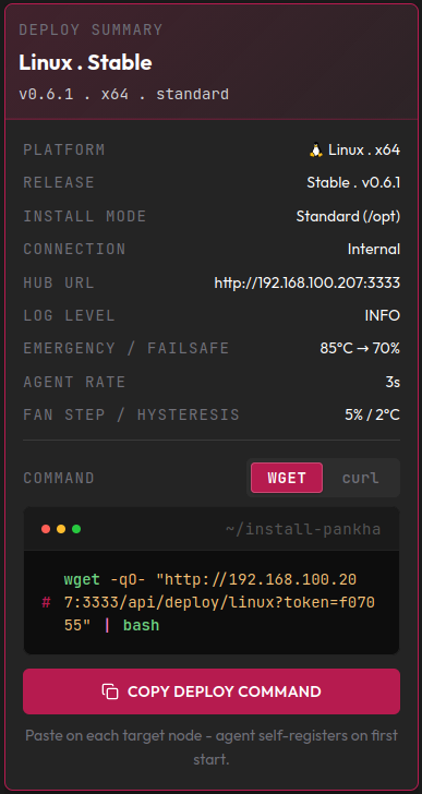 Deploy summary panel with the copy deploy command button
